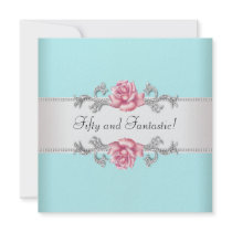 Teal Blue Pink Roses Womans 50th Birthday Party Invite