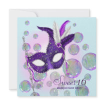 Teal Blue Purple Bubbles Sweet Sixteen Masquerade Invitation
