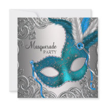 Teal Blue Silver Mask Masquerade Ball Party