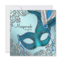 Teal Blue Silver Mask Masquerade Ball Party Invitation