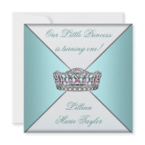 Teal Blue Tiara Princess First Birthday Party Announcement