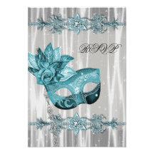 Teal Blue White Masquerade Party RSVP Personalized Invitations