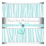 Teal Blue Zebra Cross First Communion Custom Invitation