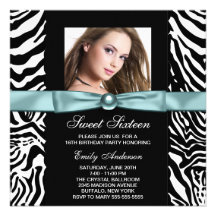 Teal Blue Zebra Photo Sweet Sixteen Birthday Party Personalized Invitations