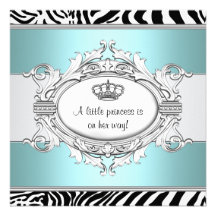 Teal Blue Zebra Princess Baby Girl Shower Announcements