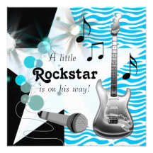 Teal Blue Zebra Rockstar Baby Boy Shower Custom Invitation