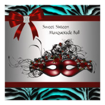 Teal Blue Zebra Sweet 16 Masquerade Party Custom Announcement
