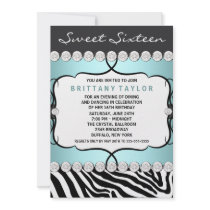 Teal Blue Zebra Sweet Sixteen Birthday Party Invitations