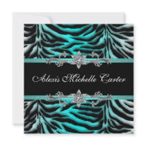 Teal Blue Zebra Sweet Sixteen Birthday Party Invites