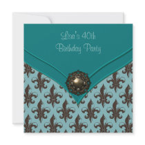 Teal Brown Fleur de Lis 40th Birthday Party Personalized Invitations