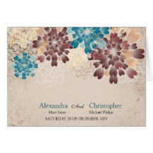 Teal, Brown & Ivory Flowers Retro Wedding Place Greeting Card