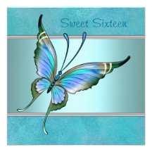 Teal Butterfly Blue Sweet Sixteen Party Custom Announcement