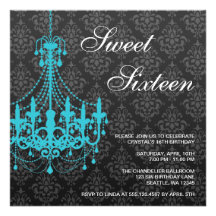 Teal Chandelier Black Damask Sweet 16 Birthday Custom Invites