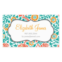 Teal Coral & Orange Retro Floral Damask Business Cards