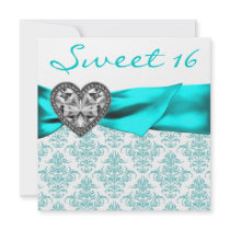 Teal Damask Heart Teal Blue Sweet 16 Party