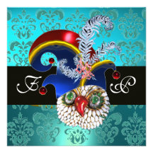 TEAL DAMASK ,JEWEL OWL ,ELF HAT,DIAMOND  FEATHERS CUSTOM INVITATIONS