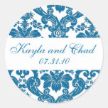 Teal Damask Monogram Round Sticker