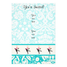 Teal Damask Pattern Ice Skating Custom Invitations