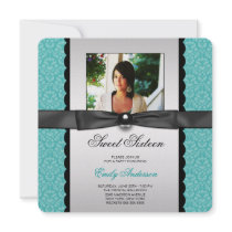 Teal Damask Photo Sweet 16 Party Custom Invites