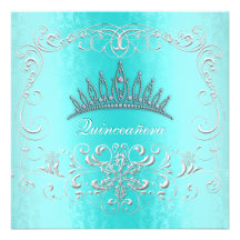 Teal Damask Quinceanera Diamond Tiara Invite