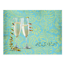 teal damask rustic country wedding RSVP Post Cards