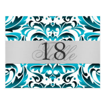 Teal Damask Silver Metal Table Number PostCard