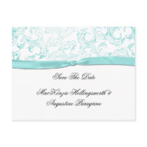 Teal Damask With Teal Ribbon Save The Date Post Cards