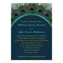 Teal, Gold Peacock Feathers Wedding Invitation