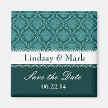 Teal Green Damask Save the Date Wedding Magnet