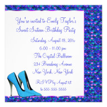 Teal High Heel Purple Sequin Sweet Sixteen Party Personalized Invites
