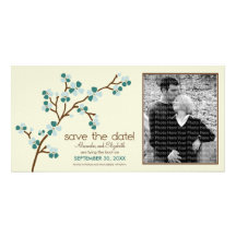 Teal/Ivory Cherry Blossom Save the Date Photocard Custom Photo Card