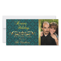 Teal Lace & Gold Scroll Holiday Photo Card