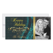 Teal Lace Silk & Gold Scroll Holiday Photo Card