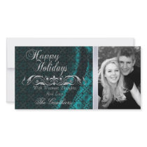 Teal Lace Silk & Silver Scroll Holiday Photo Card