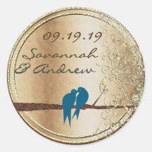 Teal Love Bird Gold Wedding Seal Stickers