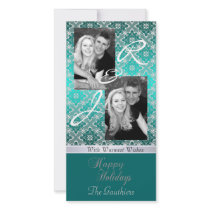 Teal Monogram Lace Holiday Ribbon Photo Card