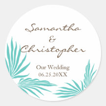 Teal palm leaves tropic wedding favour seal label round sticker