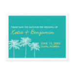 Teal palm trees summer wedding chic save the date post card