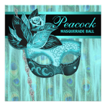 Teal Peacock Teal Blue Black Masquerade Party Custom Invitations