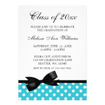 Teal Polka Dot Black Bow Graduation Announcement invitations