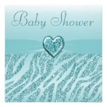 Teal Printed Heart & Zebra Glitter Baby Shower Invitations