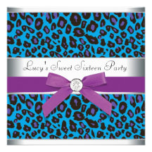 Teal Purple Leopard Sweet 16 Party Custom Invite