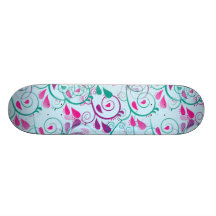Teal Purple Pink Floral Flourish Swirls on Blue Skateboard Decks