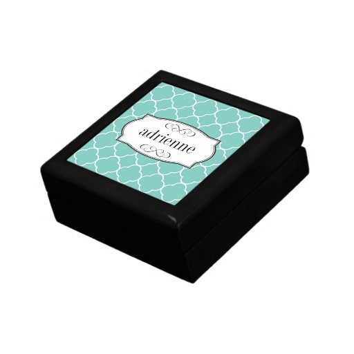 Teal quatrefoil clover leaf pattern personalized trinket boxes