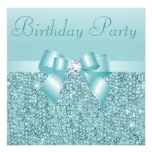 Teal Sequins, Bow & Diamond Birthday Party Personalized Invitations