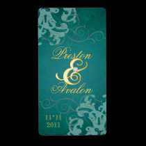 Teal Swirl Gold Jewelled Wedding Wine Label labels