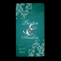 Teal Swirl Silver Jewelled Wedding Wine Label labels