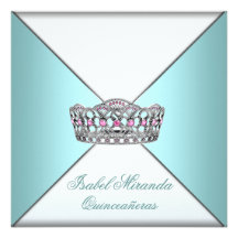 Teal Tiara Ivory Classy Quinceanera 15th Party Personalized Invite