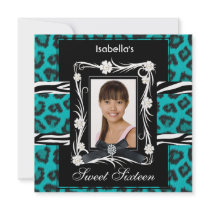 Teal Zebra Leopard Sweet Sixteen 16 Black White Invitation