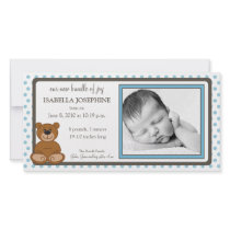 Teddy Bear Blue Customized Birth Announcement Customized Photo Card